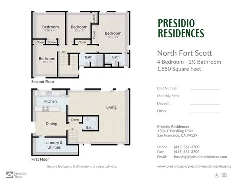 A floor plan for a 4 bedroom apartment with 2 1/2 bathrooms at Presidio Residences in North Fort Scott.